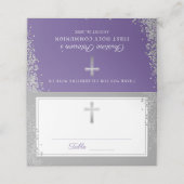 Silver Cross Glitter Paarse Eerste Heilige Communi Plaatskaartje (Buitenkant ongevouwen)