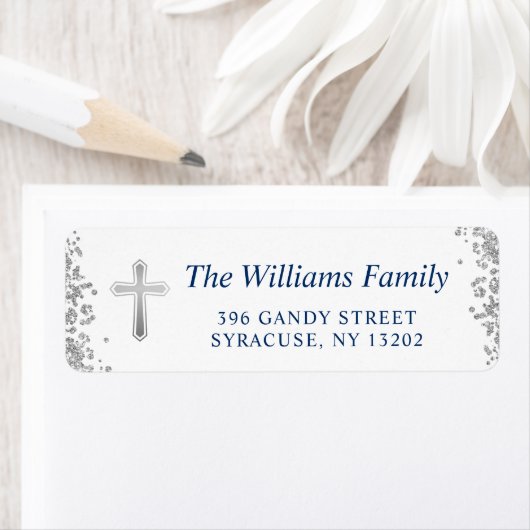 Silver Cross Glitter Religieuze Return Address Etiket (Insitu)