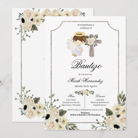 Silver Cross Mi Bautizo Floral Invitacion Kaart (Voorkant / Achterkant)