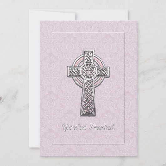 Silver Cross op Roze Damask Je bent uitgenodigd Kaart (Voorkant)