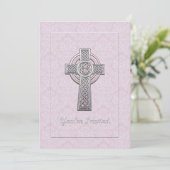 Silver Cross op Roze Damask Je bent uitgenodigd Kaart (Staand voorkant)