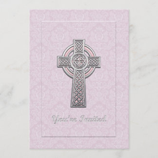 Silver Cross op Roze Damask Je bent uitgenodigd Kaart