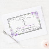 Silver Cross Paarse Floral First Heilige Communie Rechthoekige Sticker (Envelop)