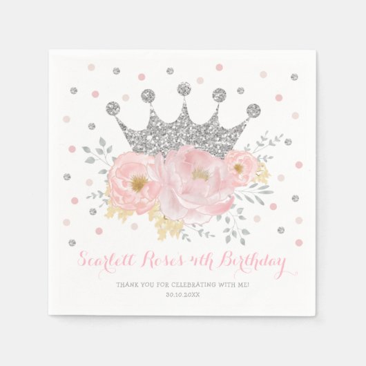 Silver Crown Blush Pink Floral Princess Birthday Servet (Voorkant)