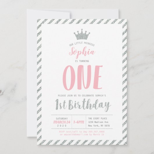 Silver Crown Princess 1st Birthday Invitation Kaart (Voorkant)