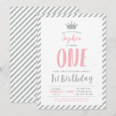 Silver Crown Princess 1st Birthday Invitation Kaart (Voorkant / Achterkant)