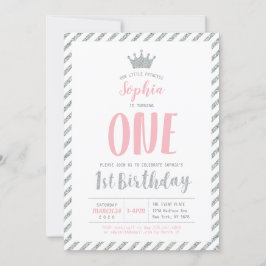 Silver Crown Princess 1st Birthday Invitation Kaart