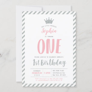 Silver Crown Princess 1st Birthday Invitation Kaart