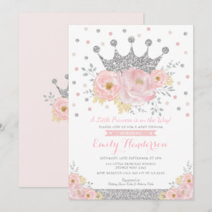 Silver Crown Princess Blush Floral Baby shower Inv Kaart
