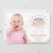Silver Crown Princess Blush Floral Birthday Foto Kaart (Voorkant)
