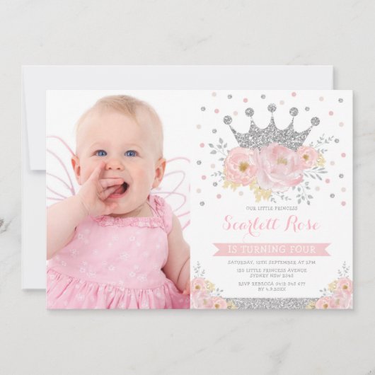 Silver Crown Princess Blush Floral Birthday Foto Kaart (Voorkant)