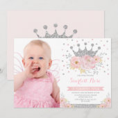 Silver Crown Princess Blush Floral Birthday Foto Kaart (Voorkant / Achterkant)