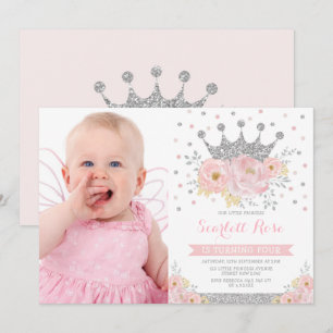 Silver Crown Princess Blush Floral Birthday Foto Kaart