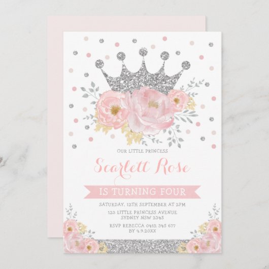 Silver Crown Princess Blush Pink Floral Birthday Kaart (Voorkant / Achterkant)