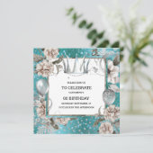 Silver crown shabby chic floral glitter turquoise kaart (Staand voorkant)