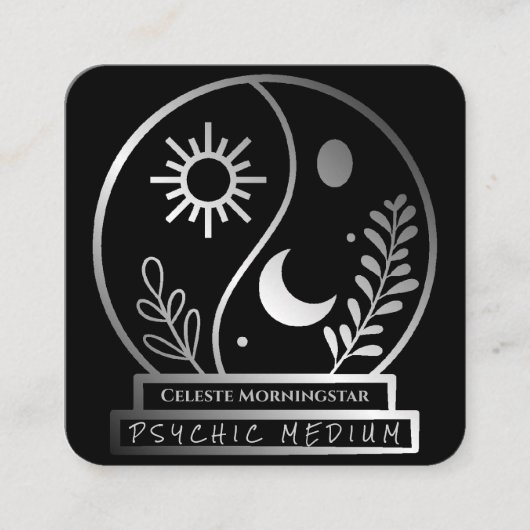 Silver Crystal Ball Psychic Medium Moon Sun Vierkante Visitekaartje (Voorkant)