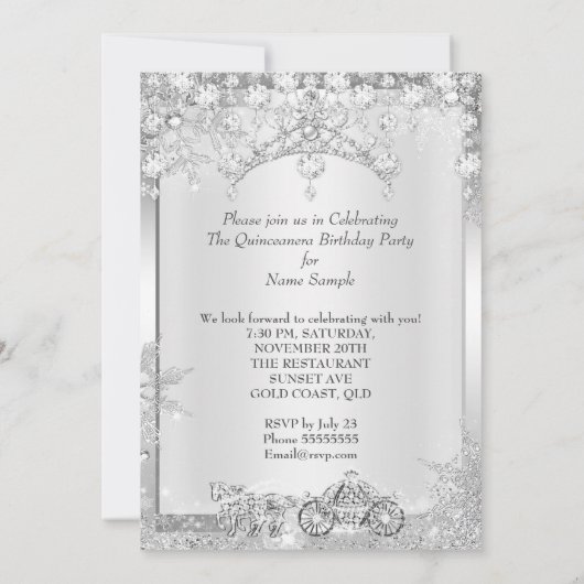 Silver Crystal Quinceanera 15th Winter Carriage Kaart (Achterkant)