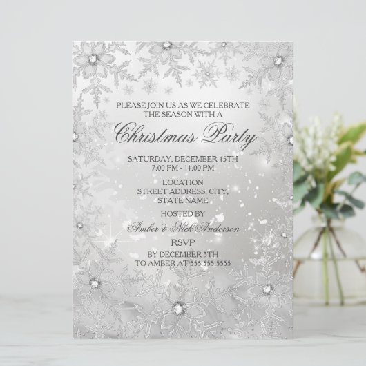 Silver Crystal Snowflake-kerstfeest Uitnodiging (Staand voorkant)