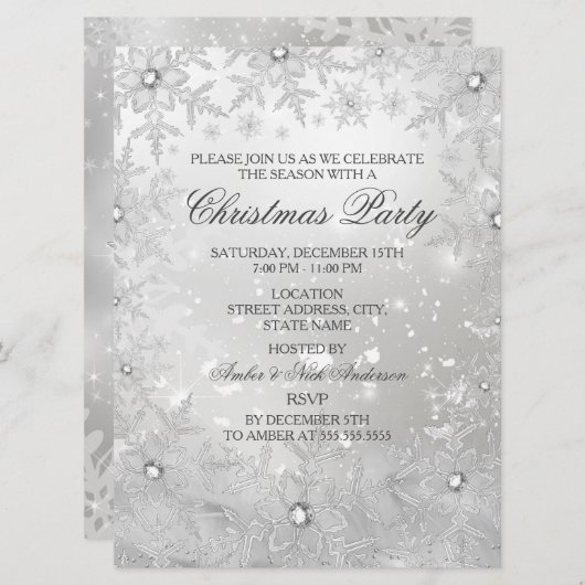 Silver Crystal Snowflake-kerstfeest Uitnodiging (Voorkant / Achterkant)
