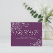 Silver Curls Elegant Plum Purple Wedding RSVP Briefkaart (Staand voorkant)
