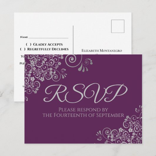 Silver Curls Elegant Plum Purple Wedding RSVP Briefkaart (Voorkant / Achterkant)
