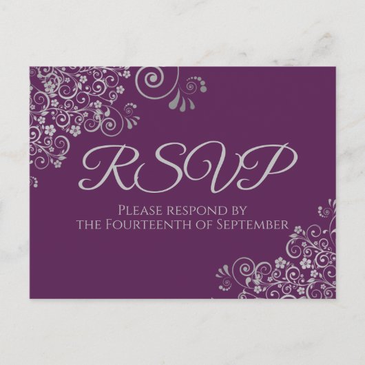 Silver Curls Elegant Plum Purple Wedding RSVP Briefkaart (Voorkant)