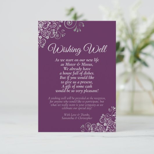 Silver Curls Plum Purple Wedding Wishing Well Poem Informatiekaartje (Staand voorkant)