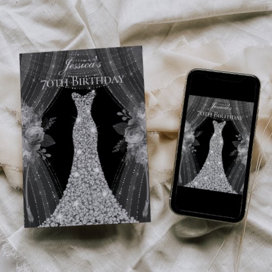 Silver Curtains Dress Womans 70th Birthday Party Kaart