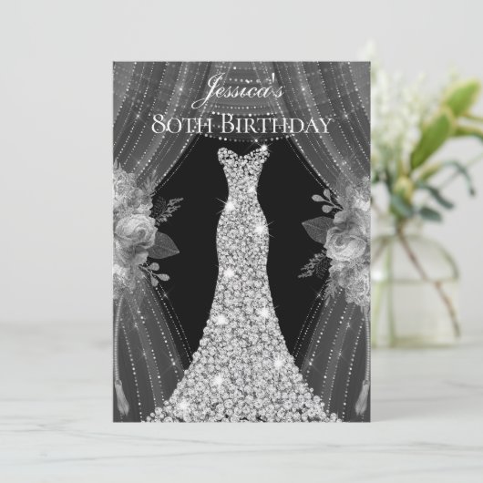 Silver Curtains Dress Womans 80th Birthday Party Kaart (Staand voorkant)