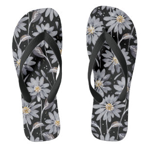 Silver Daisies over Black Floral Teenslippers