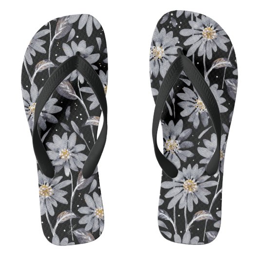Silver Daisies over Black Floral Teenslippers (Voetbed)