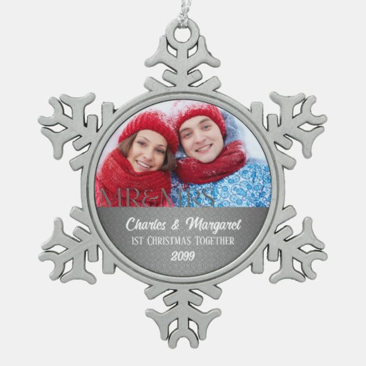 Silver Damask 1-Kerstmis Together Foto Tin Sneeuwvlok Ornament (Voorkant)