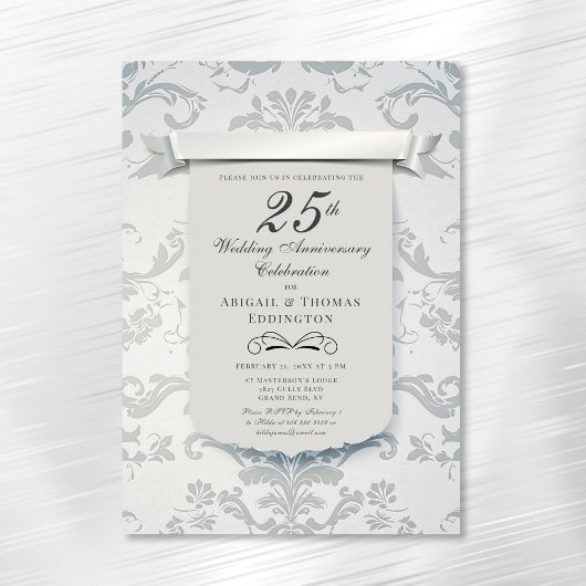 Silver Damask 25e bruiloft Jubileum Invitation Kaart