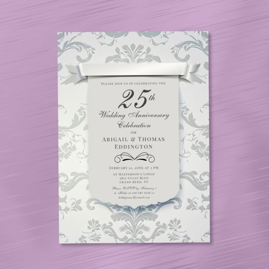 Silver Damask 25e bruiloft Jubileum Invitation Kaart