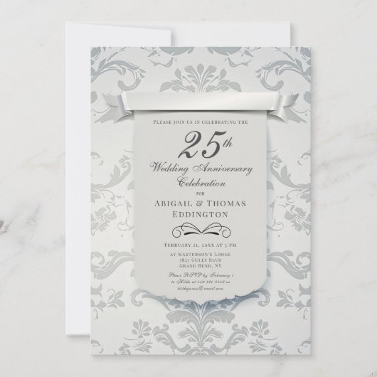 Silver Damask 25e bruiloft Jubileum Invitation Kaart (Voorkant)