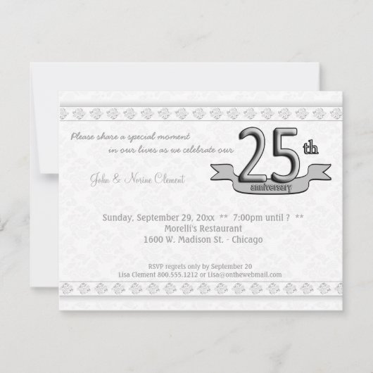 Silver Damask 25th Jubileum Celebration Invite Kaart (Voorkant)