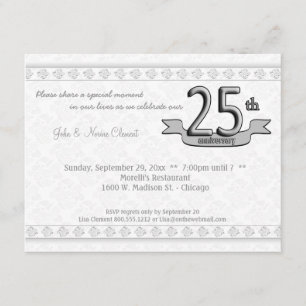 Silver Damask 25th Jubileum Celebration Invite Kaart