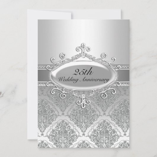 Silver Damask 25th Wedding Jubileum Invite Kaart (Voorkant)