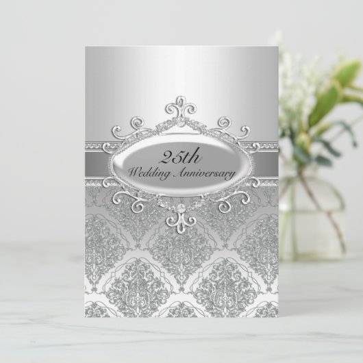 Silver Damask 25th Wedding Jubileum Invite Kaart (Staand voorkant)