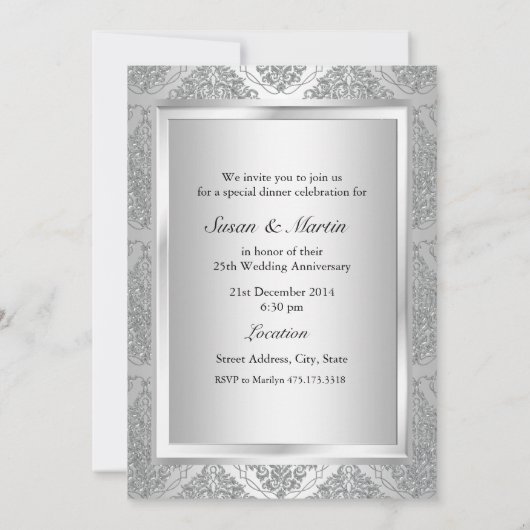 Silver Damask 25th Wedding Jubileum Invite Kaart (Achterkant)
