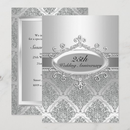 Silver Damask 25th Wedding Jubileum Invite Kaart (Voorkant / Achterkant)