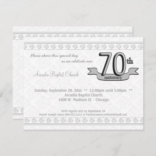Silver Damask 70th Jubileum Celebration Invite Kaart (Voorkant / Achterkant)