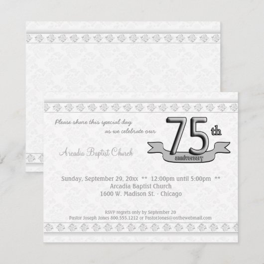 Silver Damask 75th Jubileum Celebration Invite Kaart (Voorkant / Achterkant)