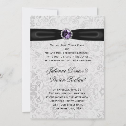 Silver Damask Black Ribbon Paarse Jewel Wedding Kaart (Voorkant)