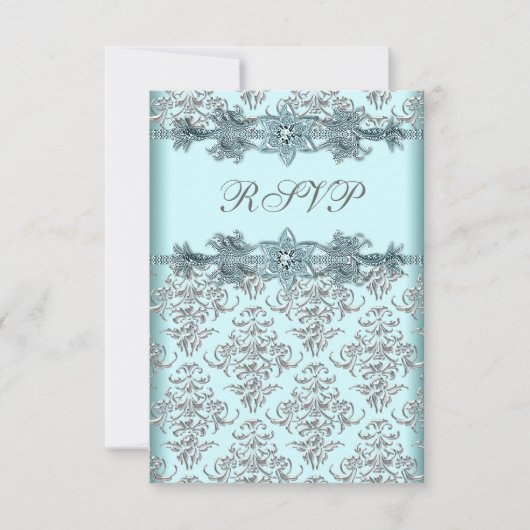 Silver Damask Blauwgroen Blue Sweet 16 Birthday RS RSVP Kaartje (Voorkant)