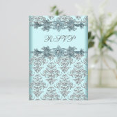 Silver Damask Blauwgroen Blue Sweet 16 Birthday RS RSVP Kaartje (Staand voorkant)