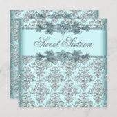 Silver Damask Blauwgroen Blue Sweet 16 Verjaardags Kaart (Voorkant / Achterkant)