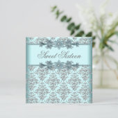Silver Damask Blauwgroen Blue Sweet 16 Verjaardags Kaart (Staand voorkant)