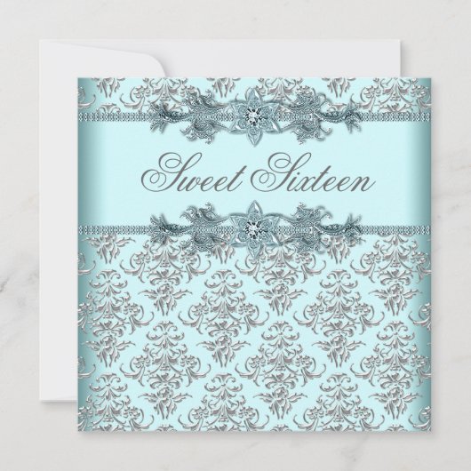 Silver Damask Blauwgroen Blue Sweet 16 Verjaardags Kaart (Voorkant)