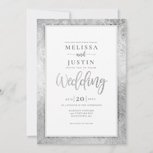 Silver Damask bloemenbruiloft uitnodiging (Voorkant)